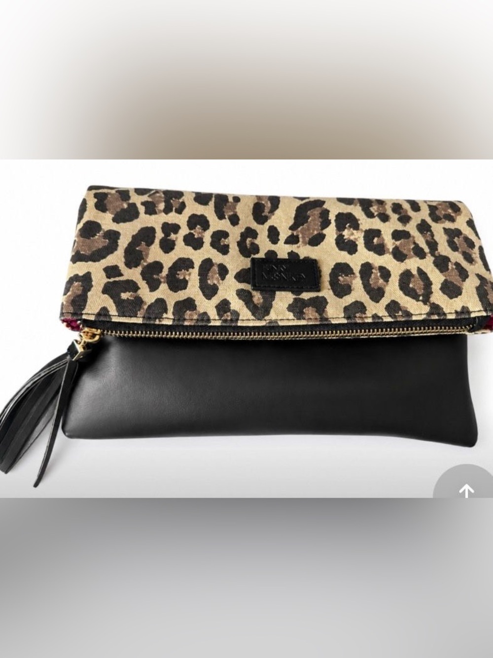 Leopard Print Foldover Clutch with Black Leather Accent